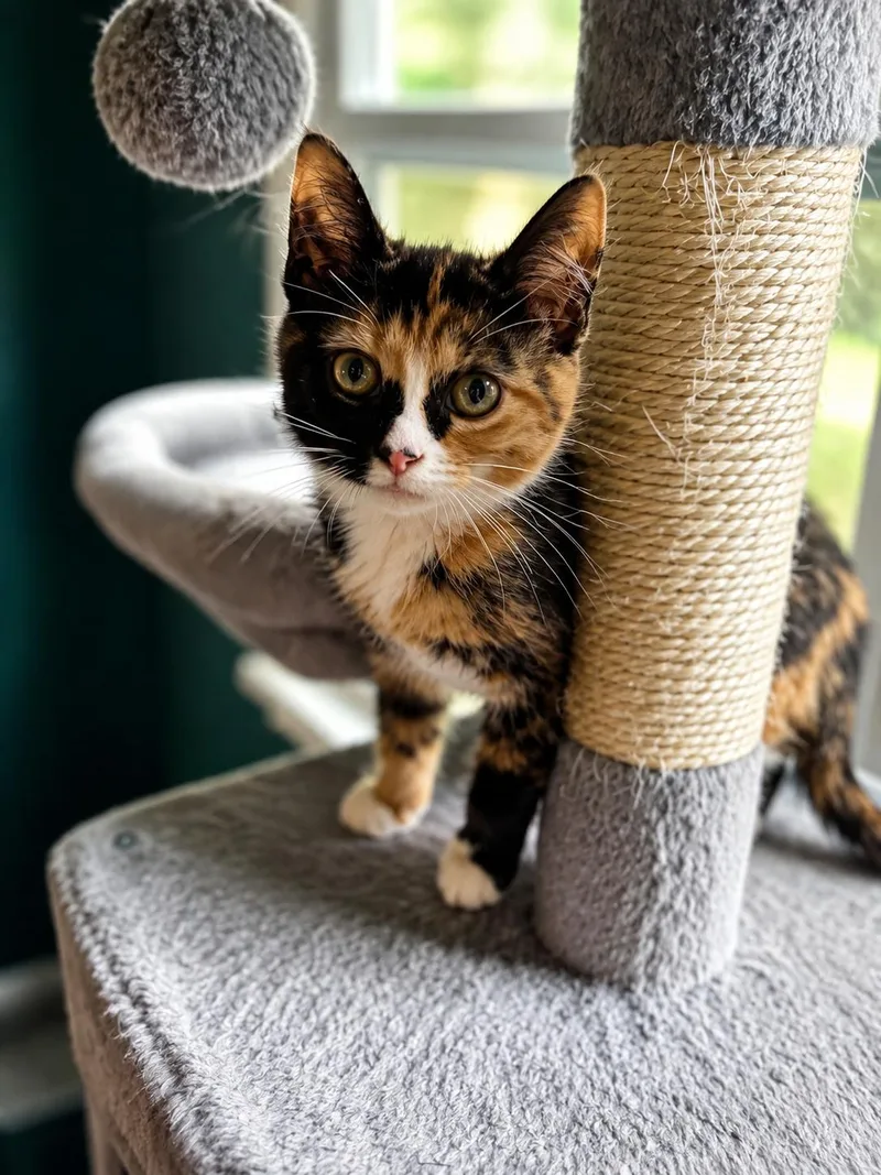 A baby medium-sized female Calico Domestic Short Hair cat named Athena for adoption in Victor, NY