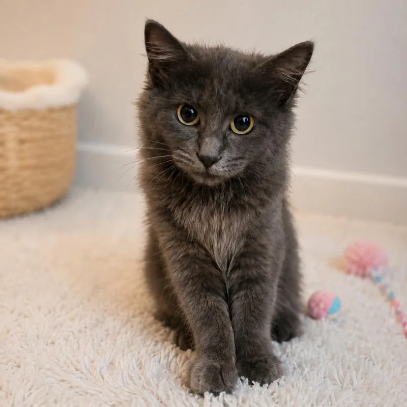 A young small-sized female Gray / Blue / Silver Domestic Medium Hair cat named Coal for adoption in Tustin, CA