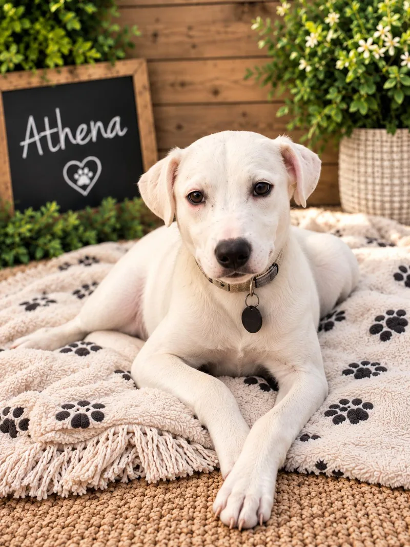 A baby medium-sized female White / Cream Retriever dog named Athena II for adoption in Houston, TX