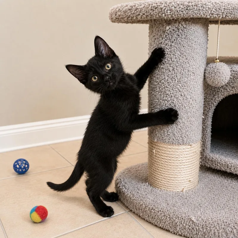 A baby medium-sized male Black Bombay cat named Stitch for adoption in Hillsboro, TX