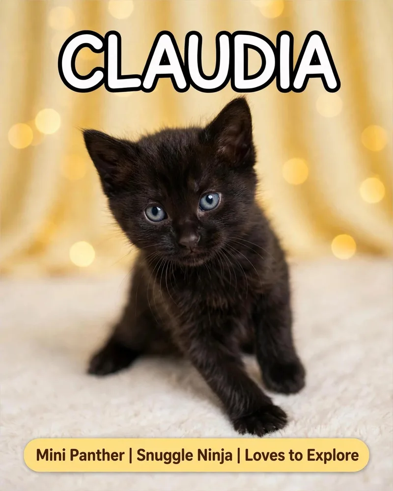 A baby small-sized female Black American Shorthair cat named Claudia for adoption in North Billerica, MA