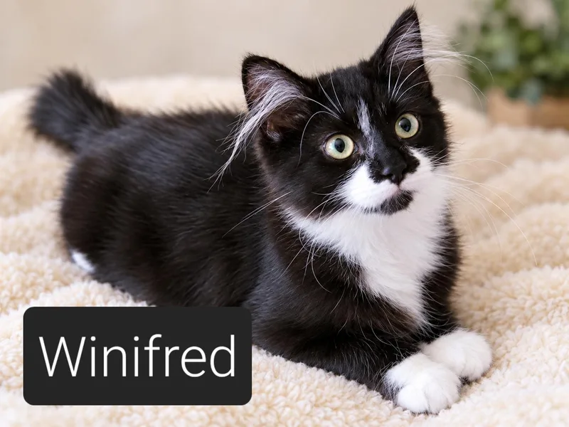 A baby small-sized female Black & White / Tuxedo Domestic Short Hair cat named Miss Winifred for adoption in Kansas City, MO