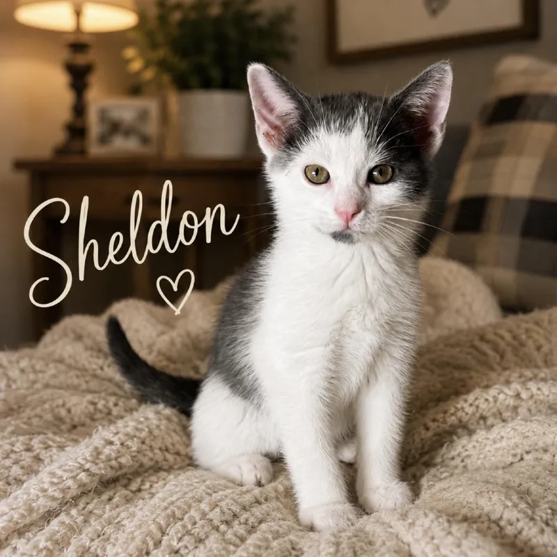 A baby small-sized male White Domestic Short Hair cat named Sheldon for adoption in Inman, SC