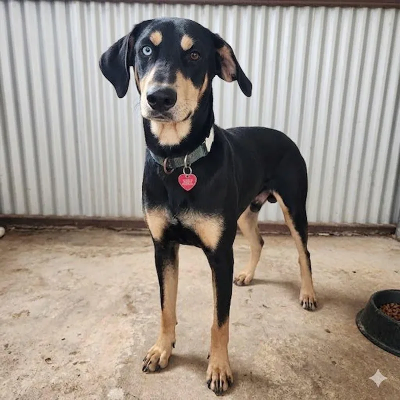 A young medium-sized male Black Doberman Pinscher dog named Pancake for adoption in Austin, TX