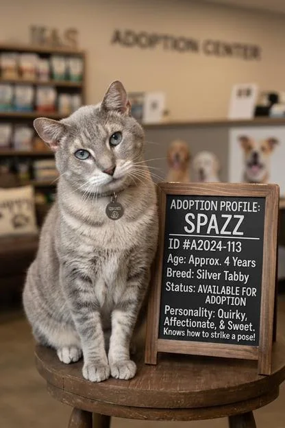 A senior medium-sized male Gray / Blue / Silver Russian Blue cat named Spazz for adoption in Blairsville, GA