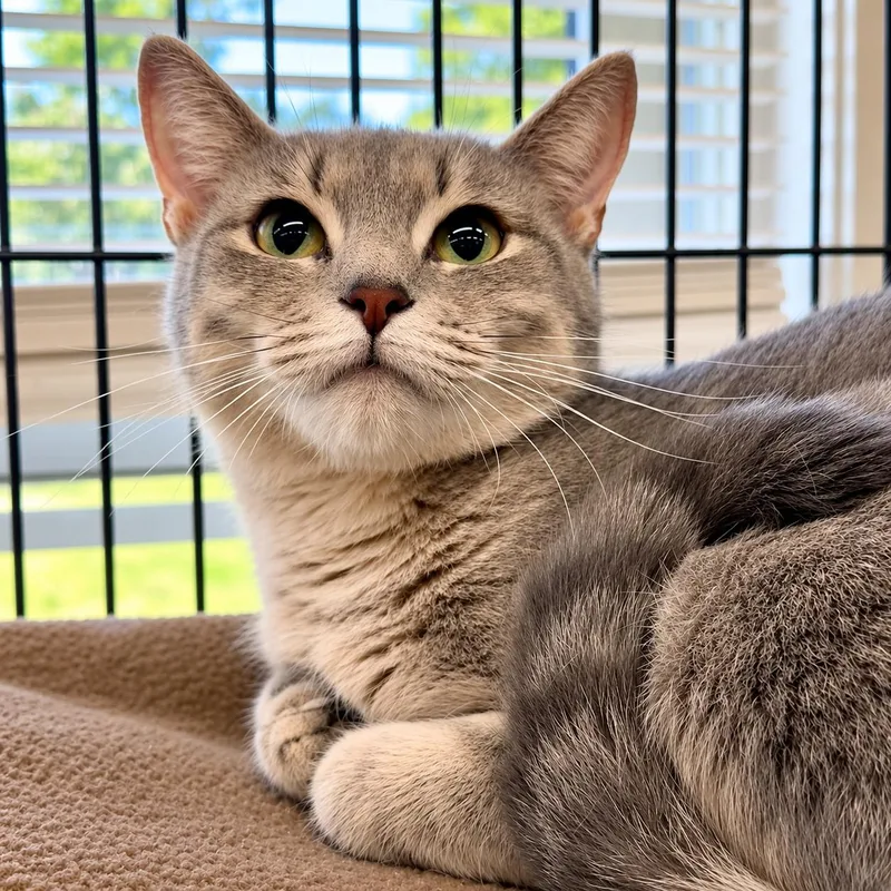 A young medium-sized female Domestic Short Hair cat named Cafe for adoption in Winchendon, MA