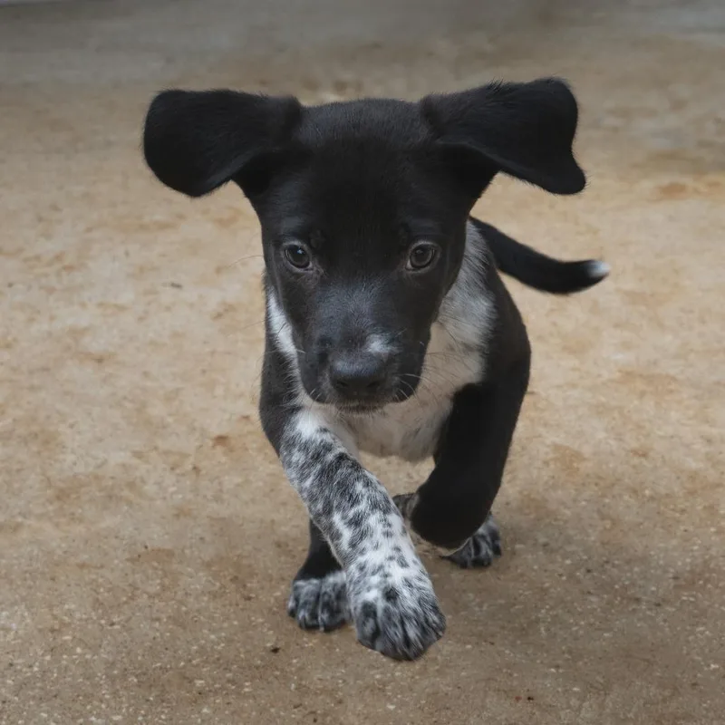 A baby medium-sized male Black Labrador Retriever dog named Johnny for adoption in Wimberley, TX