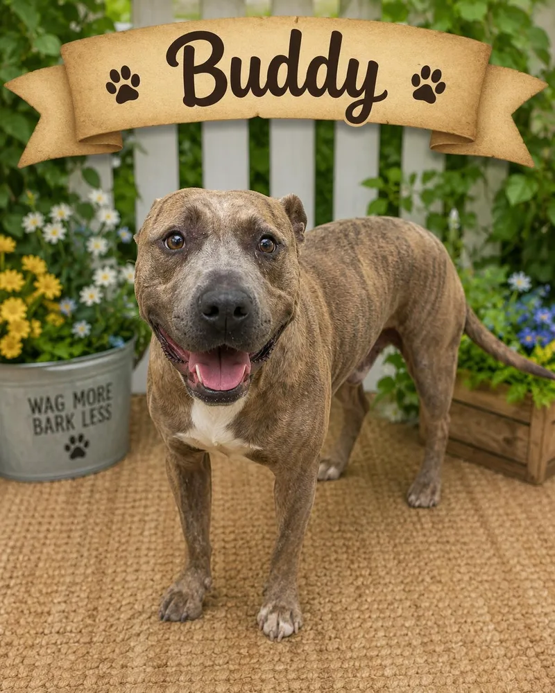 An adult medium-sized male Brindle American Bully dog named Buddy for adoption in Darien, GA