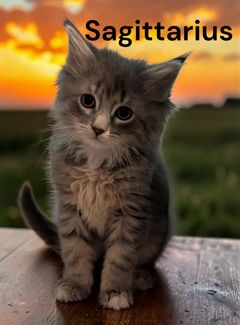 A baby medium-sized male Gray / Blue / Silver Domestic Medium Hair cat named Sagittarius for adoption in Weems, VA