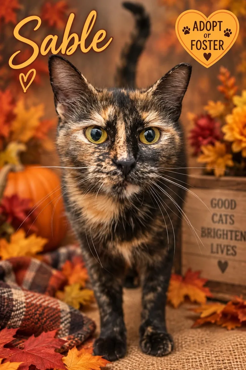 A young medium-sized female Tortoiseshell cat named Sable for adoption in Greenville, DE