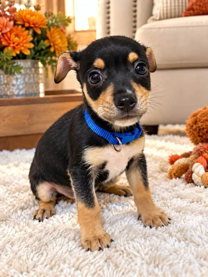 A baby small-sized male Miniature Pinscher dog named Travis for adoption in Walker, LA