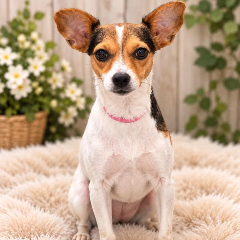 A young small-sized female Tricolor (Brown, Black, & White) Rat Terrier dog named Butters for adoption in Mazon, IL