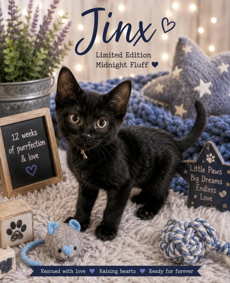 A baby small-sized male Black Domestic Short Hair cat named Jinx for adoption in Ephrata, WA