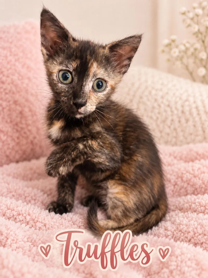 A baby medium-sized female Tortoiseshell cat named Truffle for adoption in Dickinson, TX