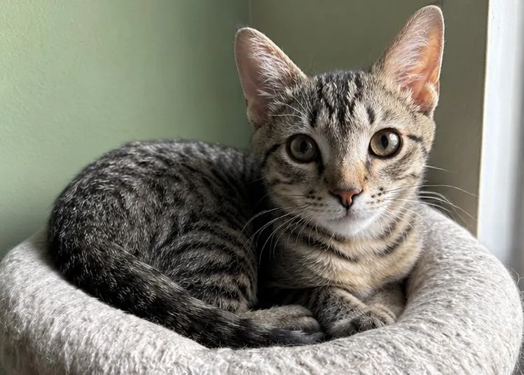 A baby medium-sized male Tabby (Buff / Tan / Fawn) American Curl cat named Theo for adoption in Philadelphia, PA