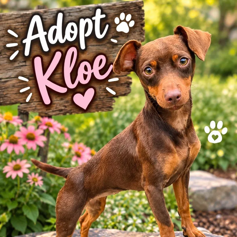 A young small-sized female Brown / Chocolate Miniature Pinscher dog named Kloe for adoption in Rochester, MN