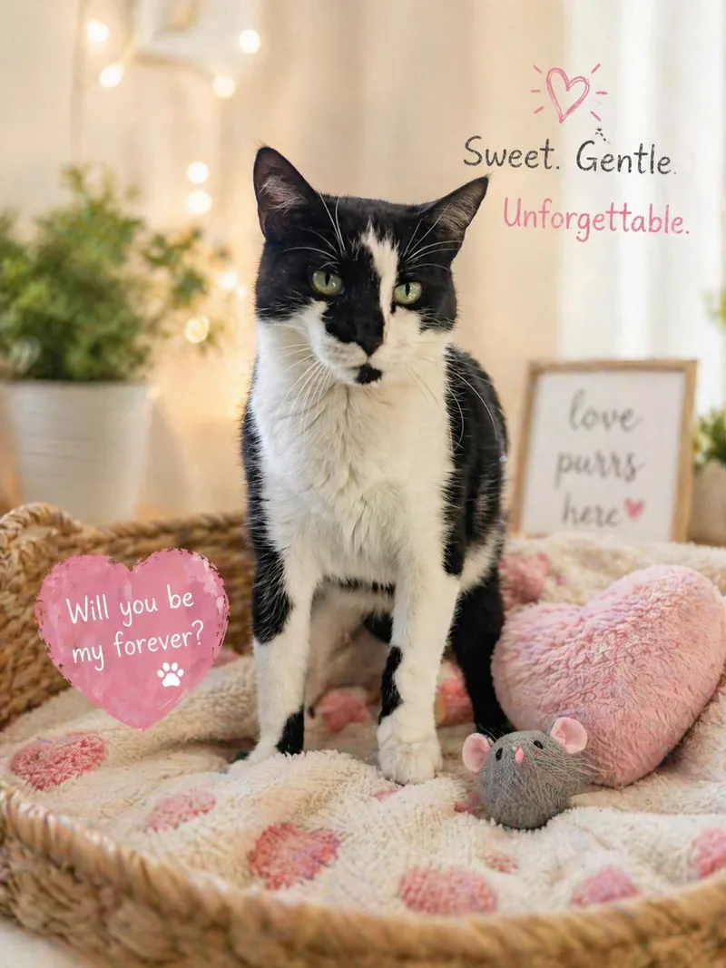 A young medium-sized female Black & White / Tuxedo Domestic Short Hair cat named Pigeon for adoption in Cleveland, TX