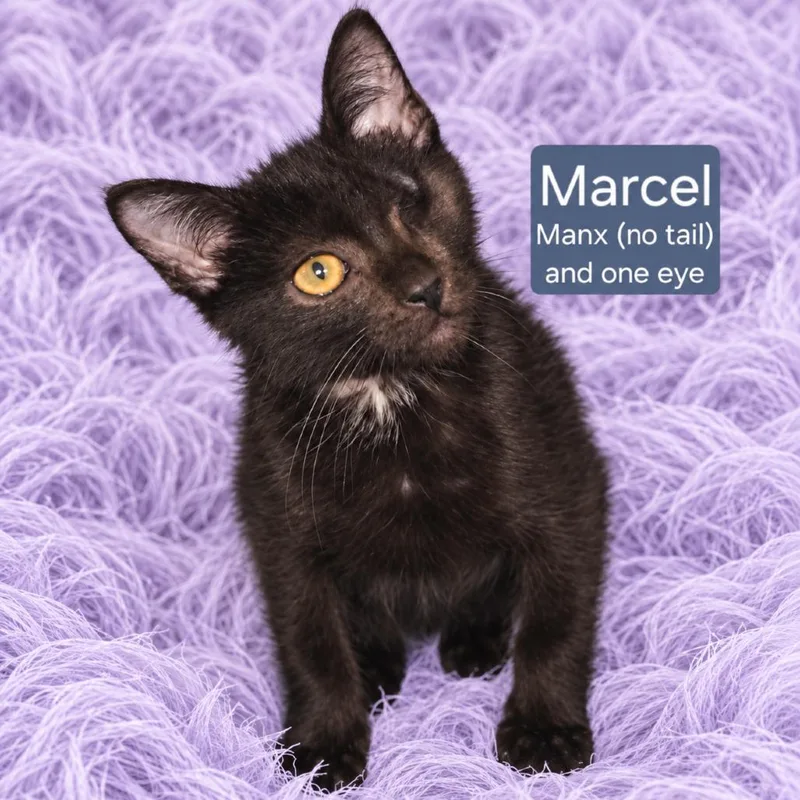 A baby small-sized male Black Manx cat named Marcel Gerard for adoption in Quincy, OH