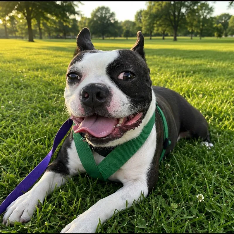 A young medium-sized male Brindle Boston Terrier dog named Alan for adoption in Rockville, MD