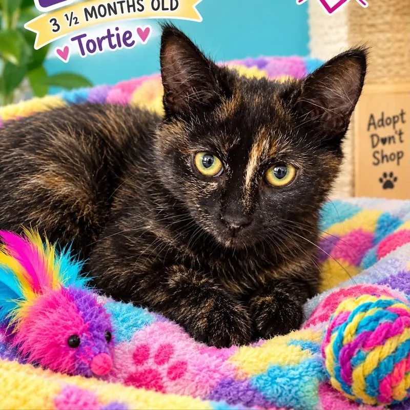 A baby small-sized female Tortoiseshell cat named Leona for adoption in Antioch, CA