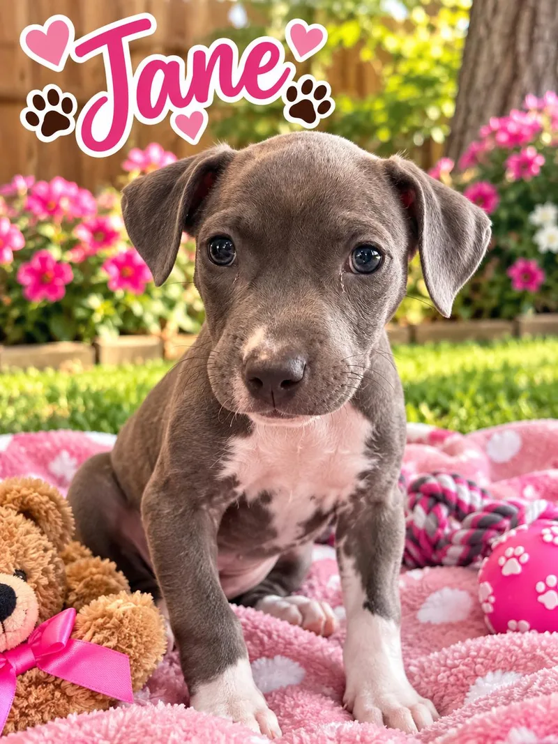 A baby medium-sized female Pit Bull Terrier dog named Jane for adoption in Greensboro, AL