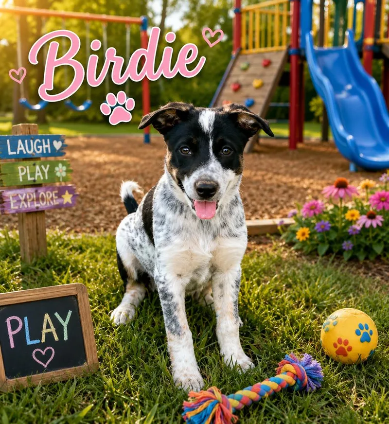 A baby small-sized female Tricolor (Brown, Black, & White) Border Collie dog named Birdie for adoption in Tulsa, OK