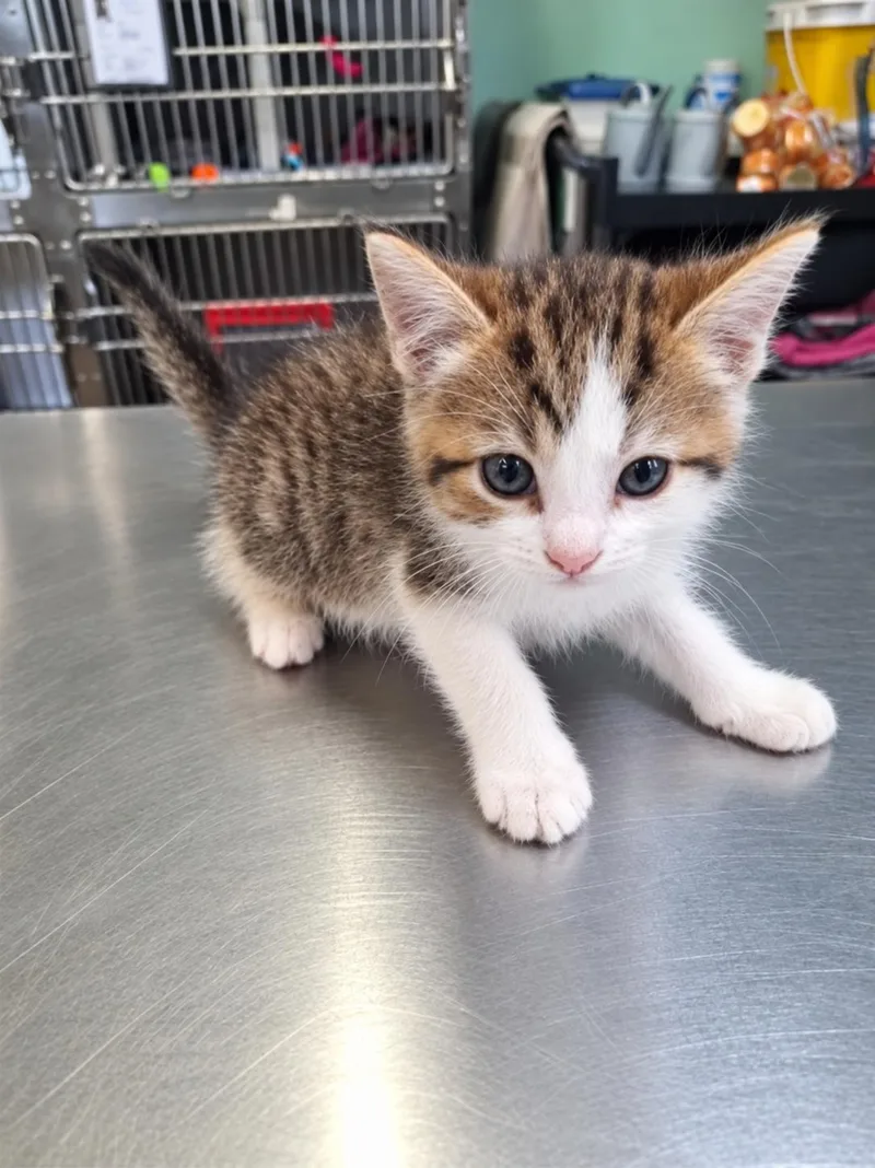 A baby medium-sized female Tabby (Buff / Tan / Fawn) Domestic Short Hair cat named Grilled Cheese for adoption in Winfield, KS
