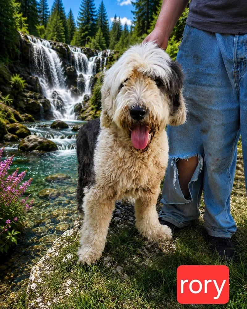 A young medium-sized female Sheepadoodle dog named Rory for adoption in Fort Worth, TX