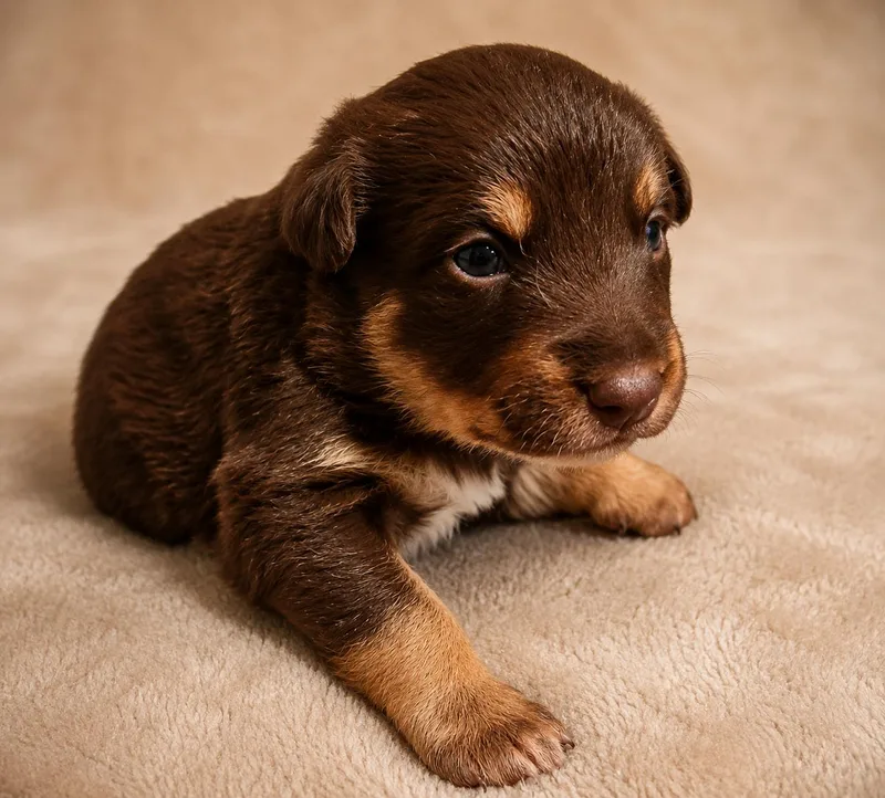 A baby medium-sized female Brown / Chocolate Australian Shepherd dog named Coco Yoyo for adoption in Andover, MA