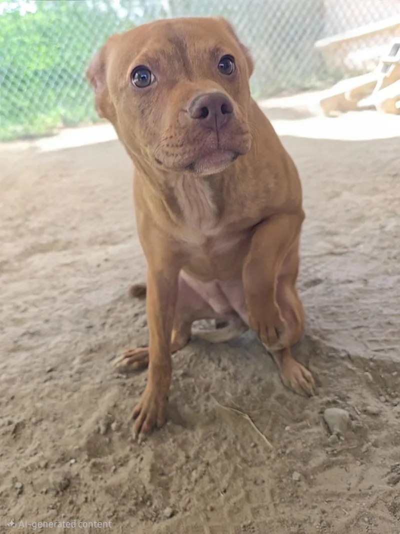 A young medium-sized female Pit Bull Terrier dog named Mocha for adoption in McCrory, AR