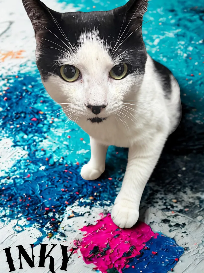 An adult medium-sized male Black & White / Tuxedo Domestic Short Hair cat named Inky for adoption in Orleans, VT
