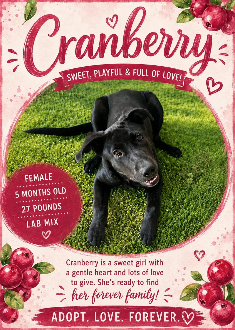 A baby medium-sized female Black Labrador Retriever dog named Cranberry for adoption in Lancaster, KY