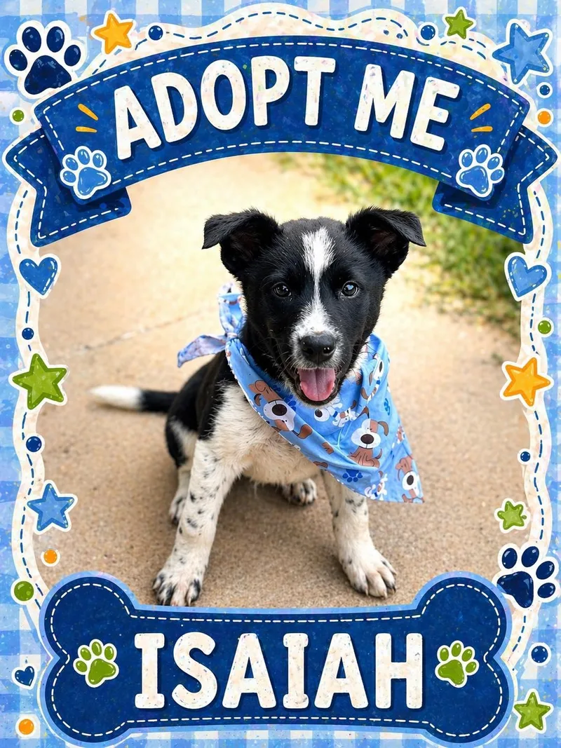 A young medium-sized male Black Australian Shepherd dog named Isaiah for adoption in Bowie, TX