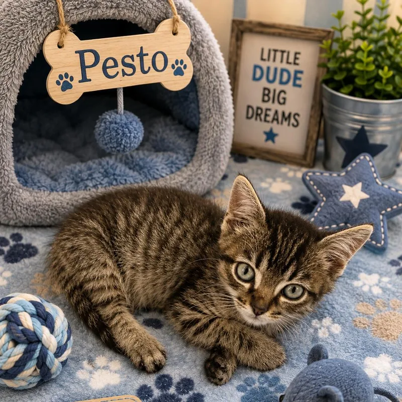 A baby small-sized male Domestic Short Hair cat named Pesto for adoption in League City, TX