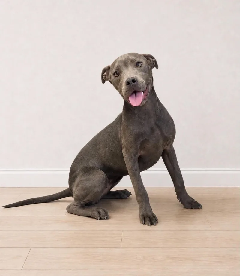 A baby large-sized female Gray / Blue / Silver Pit Bull Terrier dog named Delilah for adoption in Georgetown, OH
