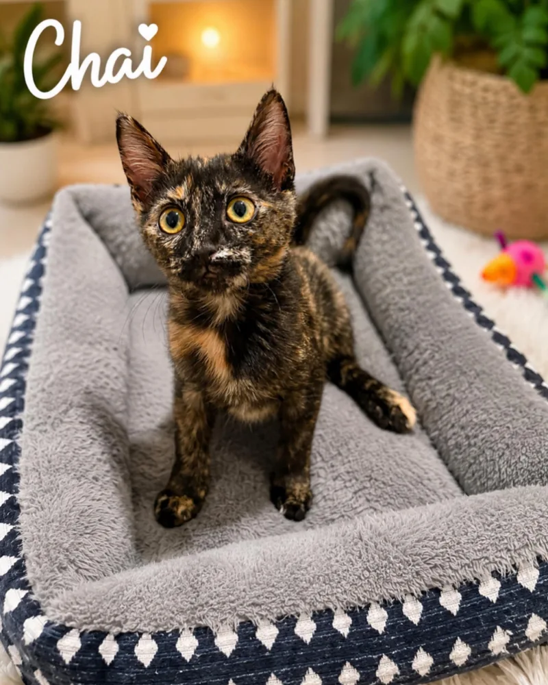 A baby medium-sized female Tortoiseshell Domestic Short Hair cat named Chai for adoption in Fort Worth, TX