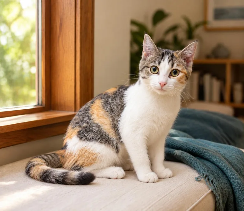 A young medium-sized female Calico Tabby cat named Taffi for adoption in Marion, IN