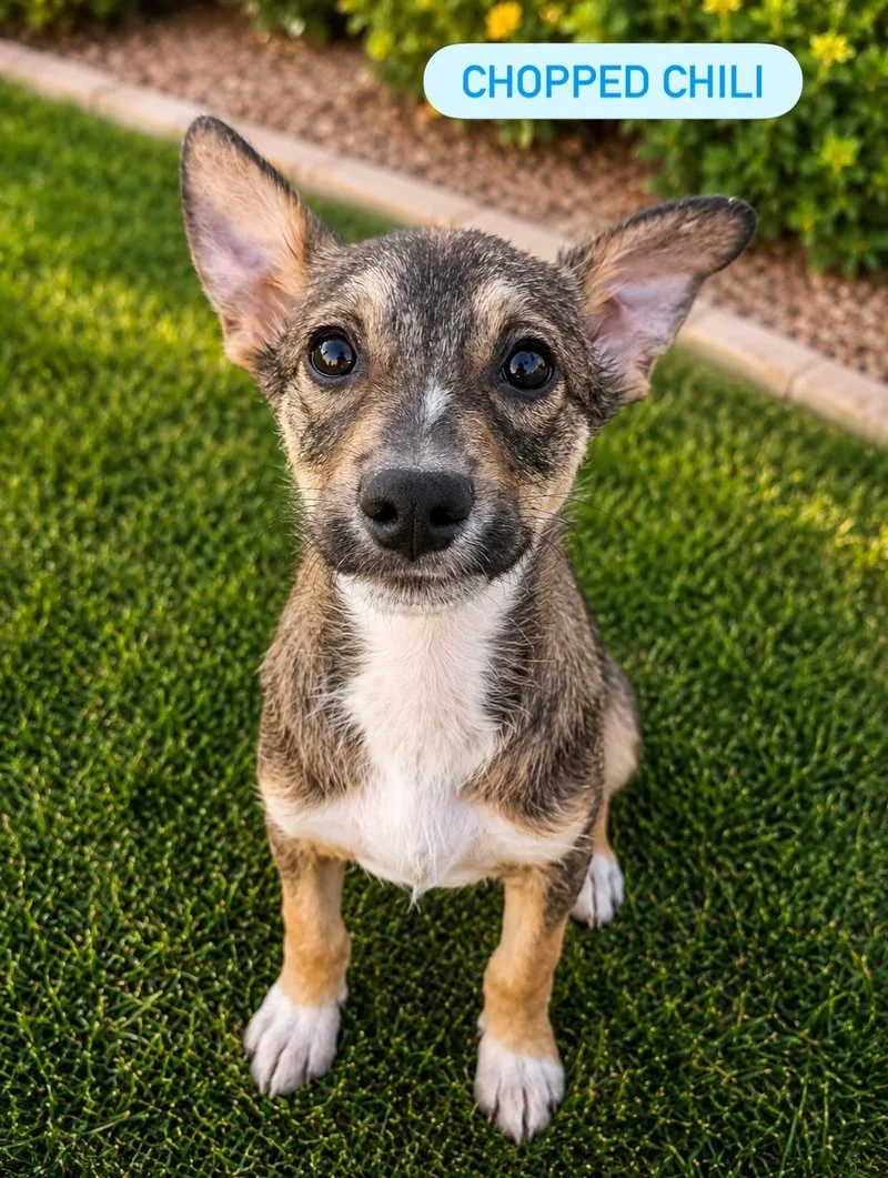 A baby medium-sized male Mixed Breed dog named Chopped Chili for adoption in Henderson, NV
