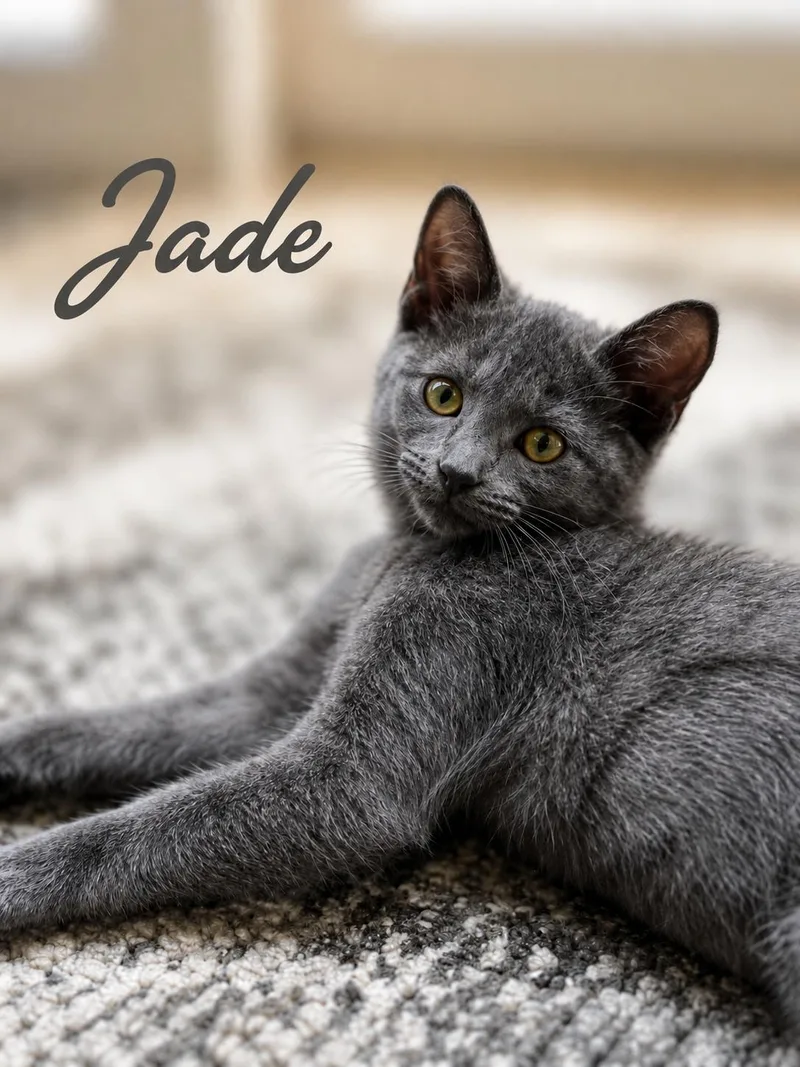A baby medium-sized female Gray / Blue / Silver Domestic Short Hair cat named JadeKDC for adoption in Greenville, DE