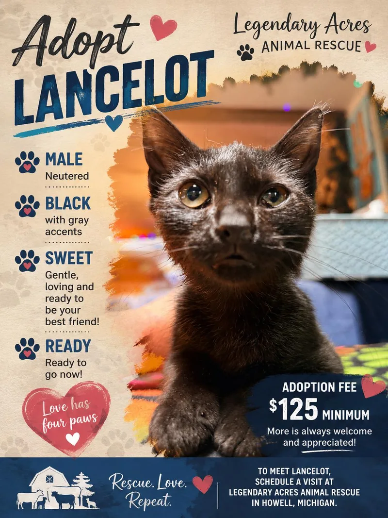 A young medium-sized male Black American Shorthair cat named Lancelot for adoption
