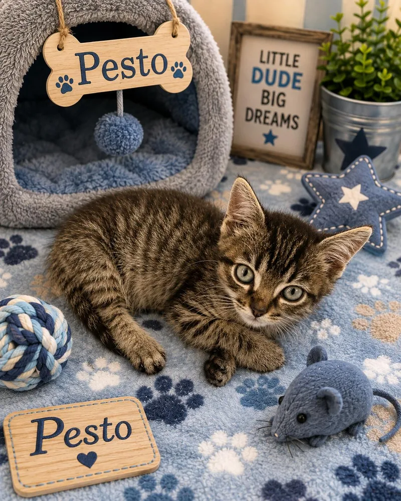 A baby medium-sized male Tabby cat named Pesto for adoption in Dickinson, TX