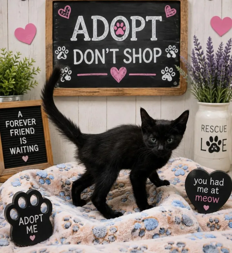A baby small-sized male Domestic Short Hair cat named Blackmail for adoption in Washington Court House, OH