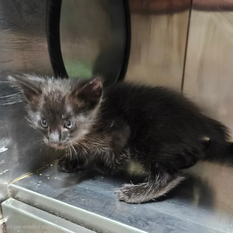 A baby small-sized male Black Domestic Medium Hair cat named Pepperini for adoption in Livingston, TX