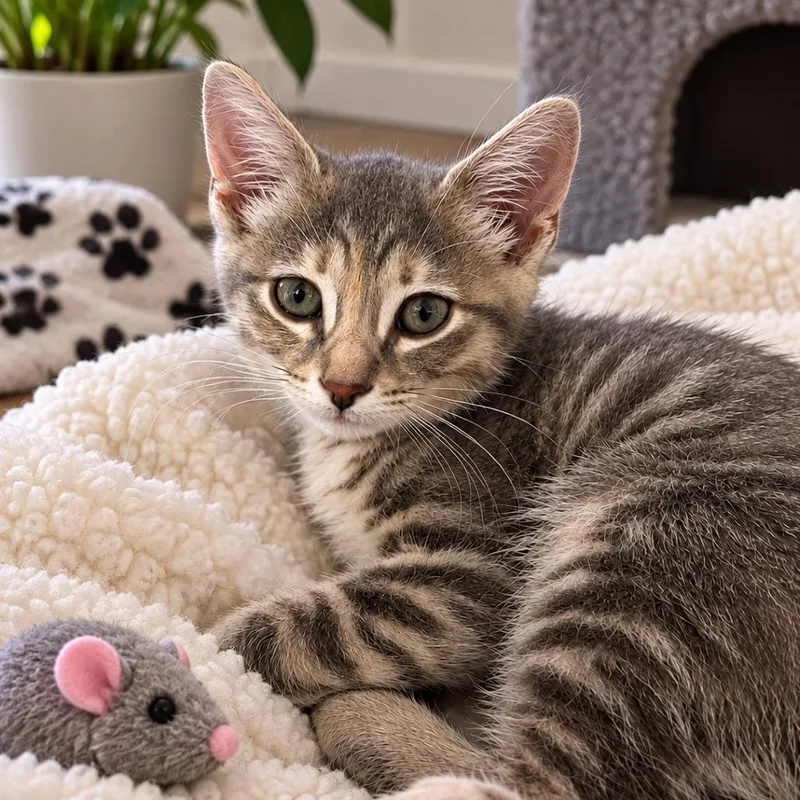 A baby small-sized female Gray / Blue / Silver Domestic Short Hair cat named Silvey for adoption in Tustin, CA