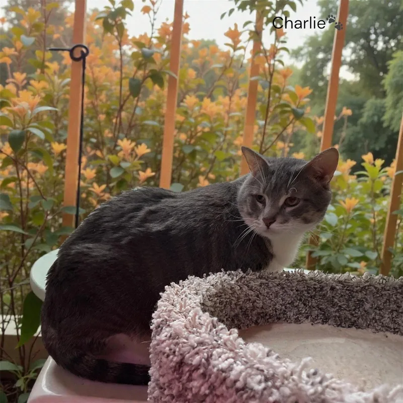 An adult extra large-sized male Gray & White Domestic Short Hair cat named Charlie for adoption in North Bergen, NJ