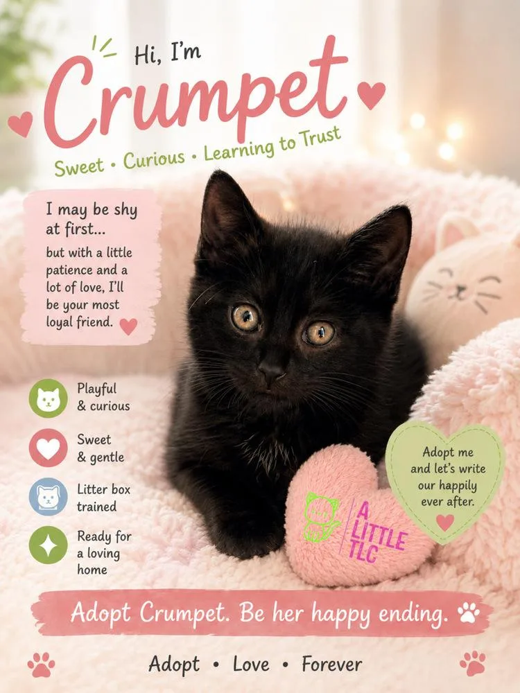 A baby small-sized female Black Domestic Short Hair cat named Crumpet for adoption in Martinsburg, WV