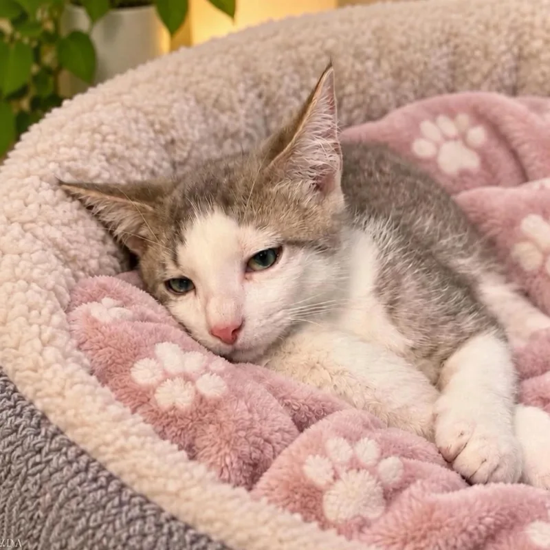 A baby medium-sized male White Tabby cat named Chamomile for adoption in Fort Worth, TX