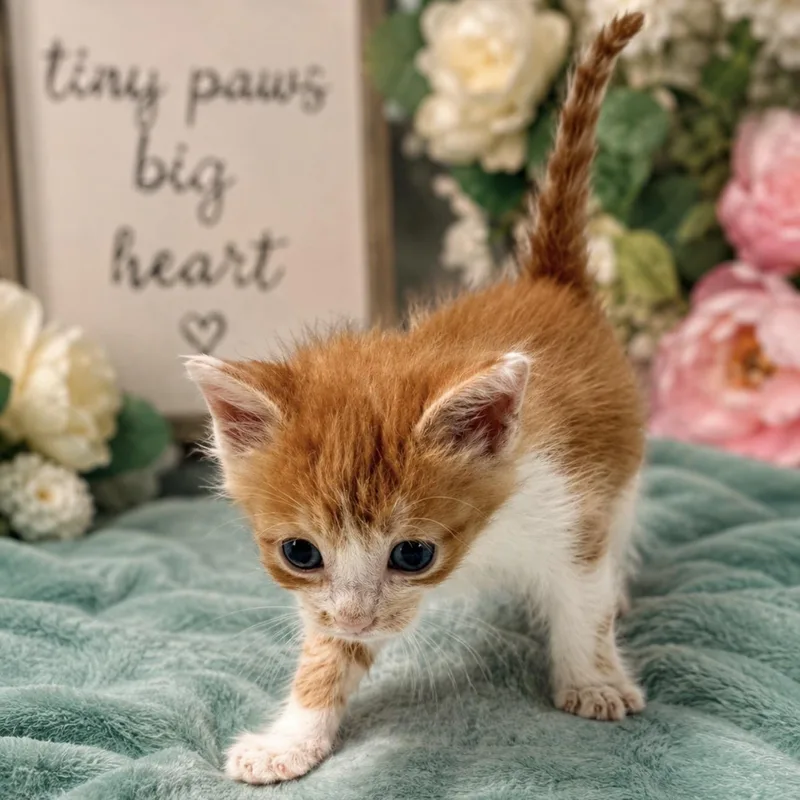 A baby medium-sized male Orange & White Domestic Short Hair cat named Gooseberry for adoption in Charles City, IA
