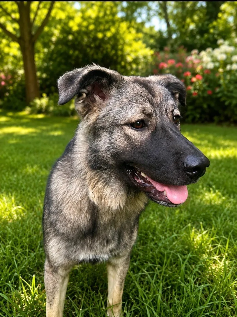 A young medium-sized female Norwegian Elkhound dog named Chiffon for adoption in Franklin, TN