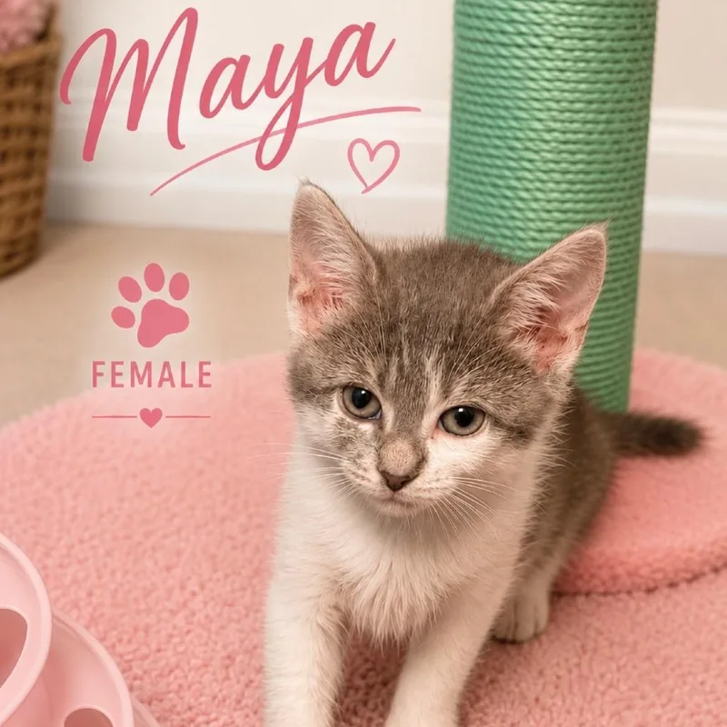 A baby small-sized female Gray / Blue / Silver Domestic Short Hair cat named Maya for adoption in Newark, NJ